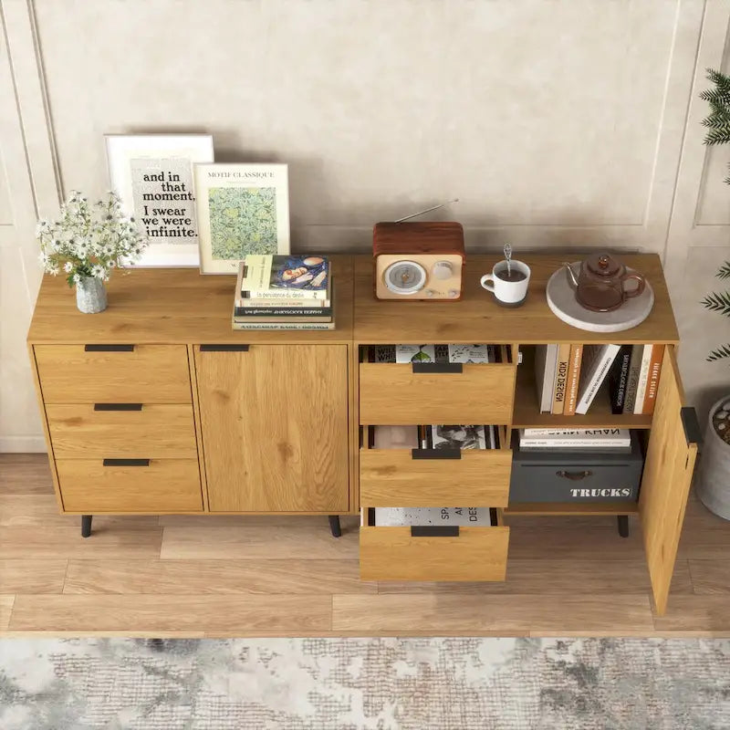 3-Drawer Storage Cabinet with Adjustable Shelf and Door, Natural Wood & Gray