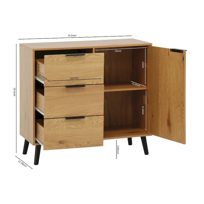 3-Drawer Storage Cabinet with Adjustable Shelf and Door, Natural Wood & Gray