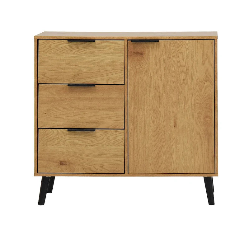 3-Drawer Storage Cabinet with Adjustable Shelf and Door, Natural Wood & Gray