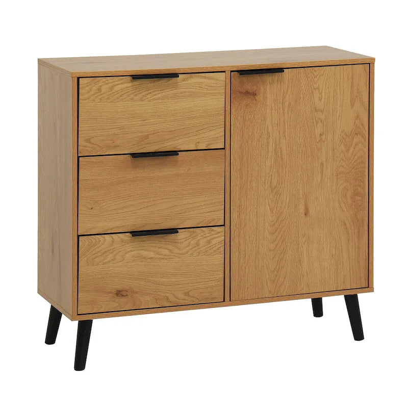 3-Drawer Storage Cabinet with Adjustable Shelf and Door, Natural Wood & Gray