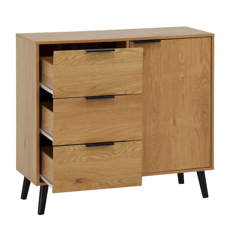 3-Drawer Storage Cabinet with Adjustable Shelf and Door, Natural Wood & Gray