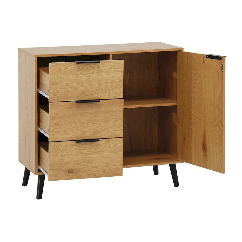 3-Drawer Storage Cabinet with Adjustable Shelf and Door, Natural Wood & Gray