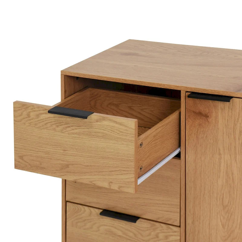 3-Drawer Storage Cabinet with Adjustable Shelf and Door, Natural Wood & Gray