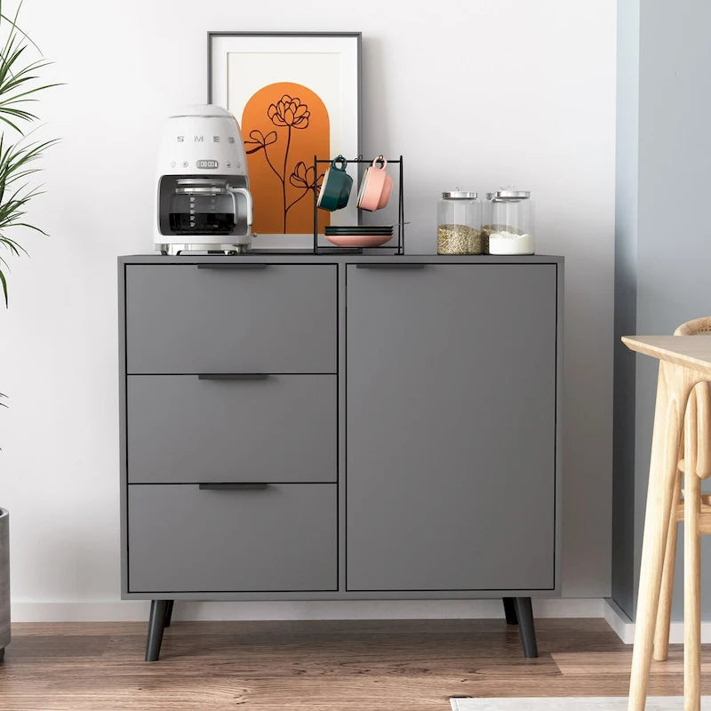 3-Drawer Storage Cabinet with Adjustable Shelf and Door, Natural Wood & Gray