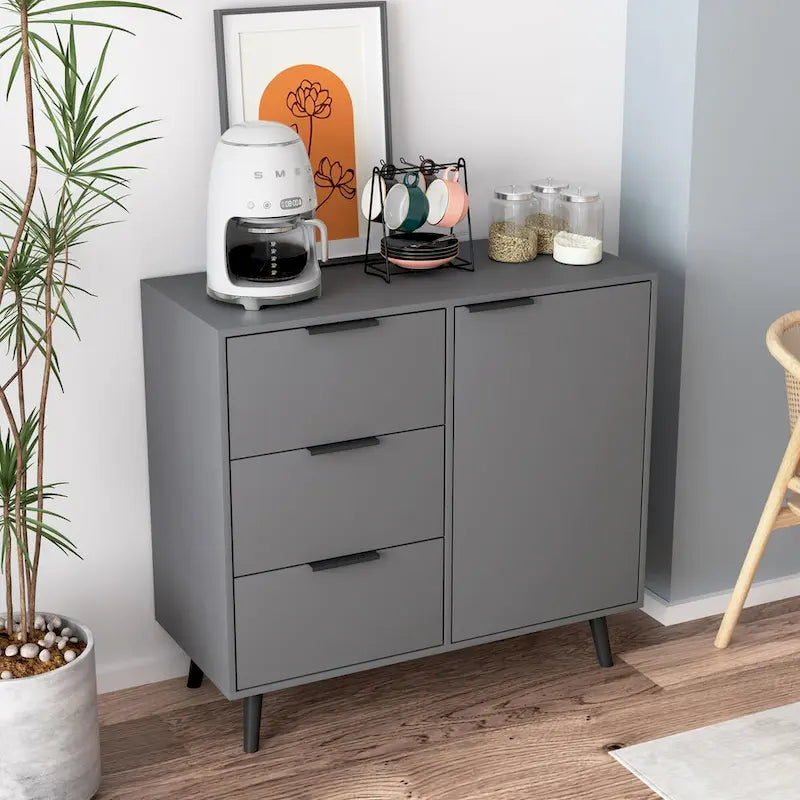 3-Drawer Storage Cabinet with Adjustable Shelf and Door, Natural Wood & Gray