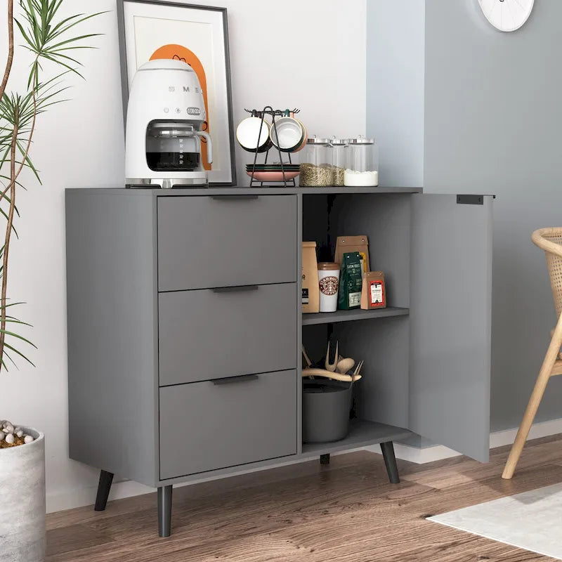 3-Drawer Storage Cabinet with Adjustable Shelf and Door, Natural Wood & Gray