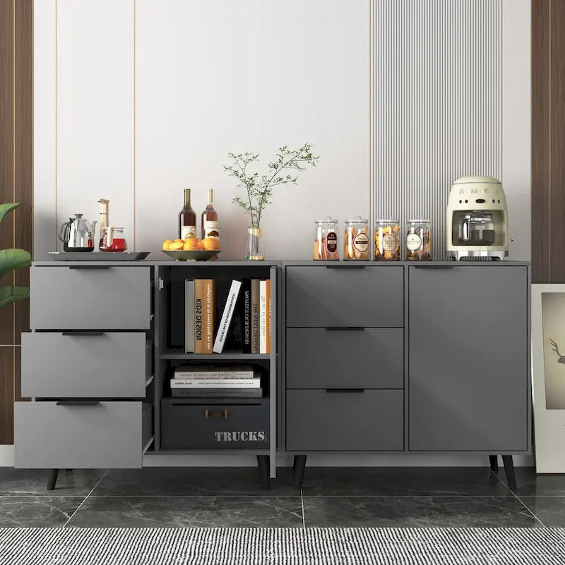 3-Drawer Storage Cabinet with Adjustable Shelf and Door, Natural Wood & Gray