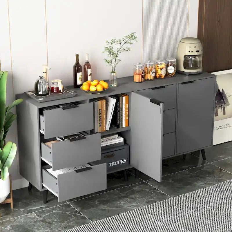 3-Drawer Storage Cabinet with Adjustable Shelf and Door, Natural Wood & Gray