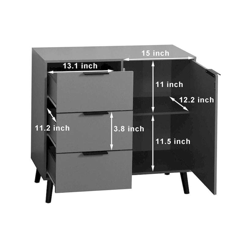 3-Drawer Storage Cabinet with Adjustable Shelf and Door, Natural Wood & Gray