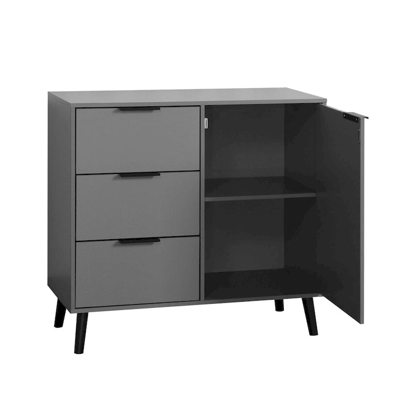 3-Drawer Storage Cabinet with Adjustable Shelf and Door, Natural Wood & Gray
