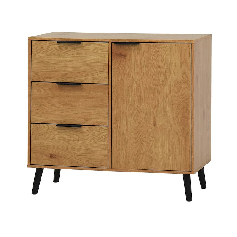 3-Drawer Storage Cabinet with Adjustable Shelf and Door, Natural Wood & Gray