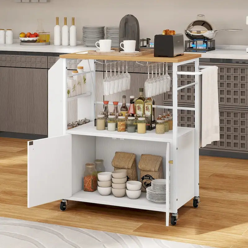 White Rolling Kitchen Cart with Storage Shelves Cabinet and Power Outlet