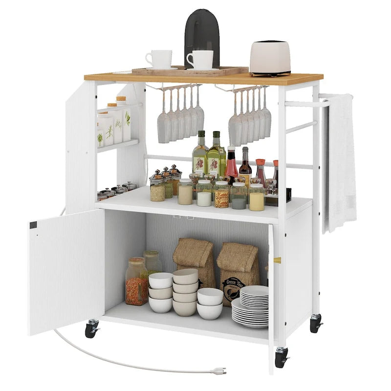 White Rolling Kitchen Cart with Storage Shelves Cabinet and Power Outlet
