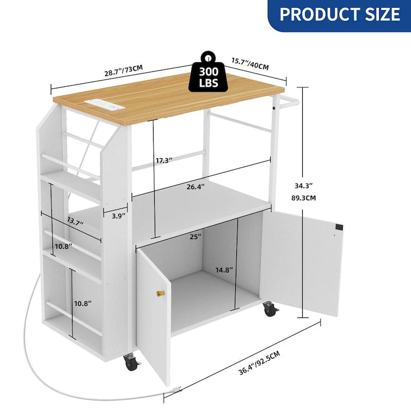 Carrello da cucina bianco con ruote, ripiani portaoggetti, mobiletto e presa elettrica
